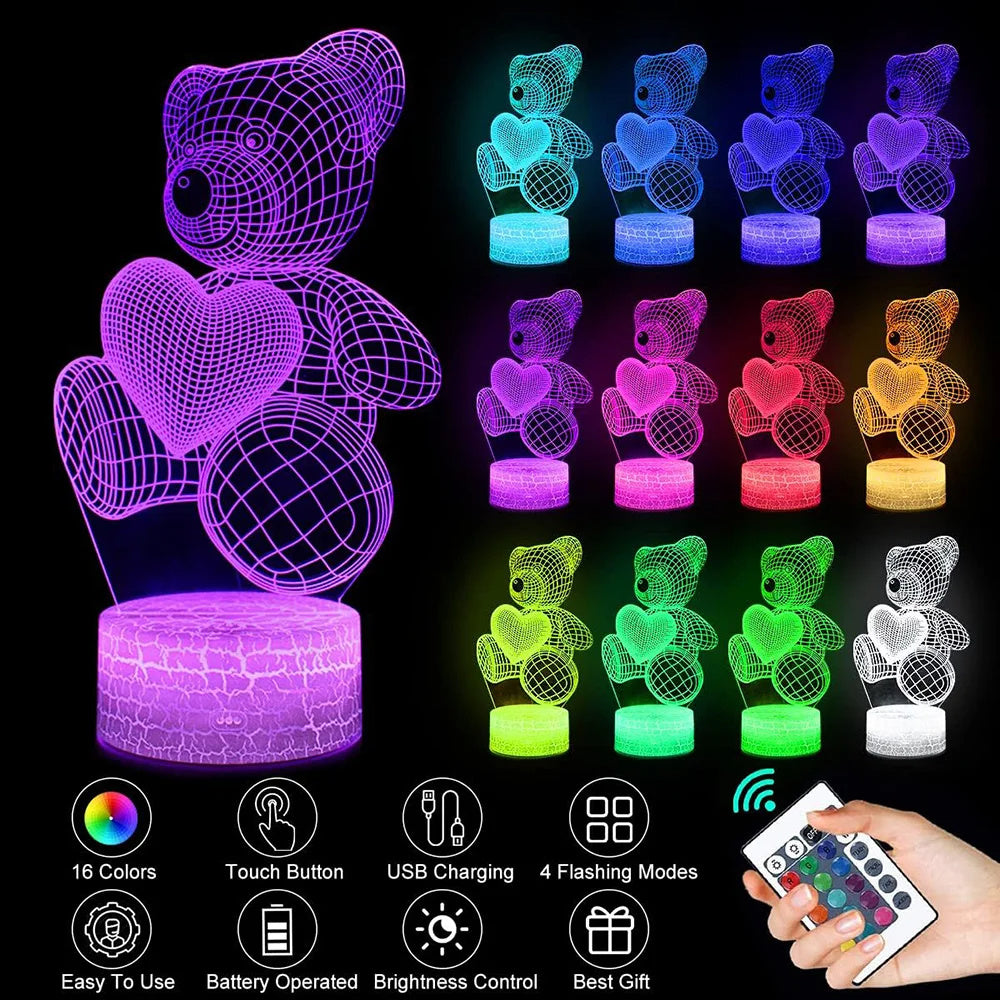 
3D Teddy Bear LED Night Light with 16 color options, touch and remote control, made from acrylic material. Powered by USB or batteries, perfect for kids' room decor.