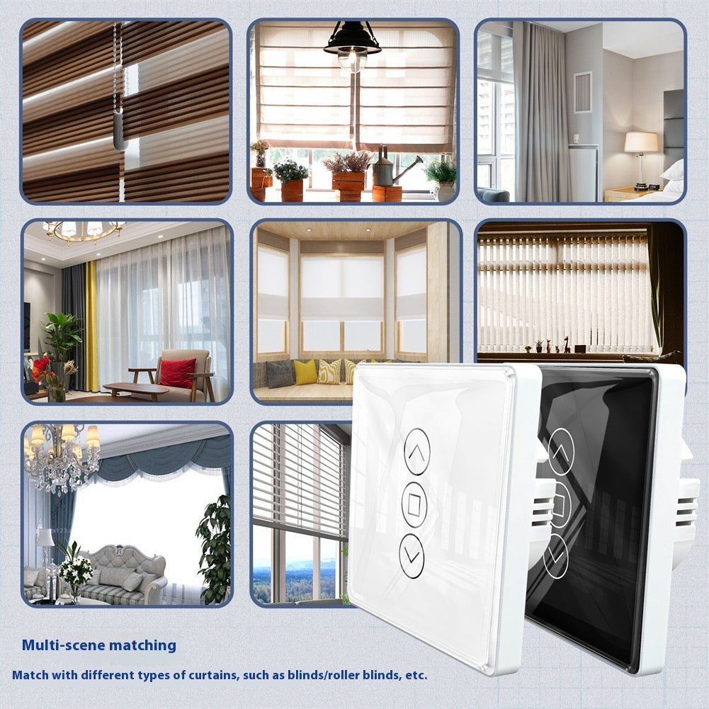 WiFi Smart Curtain with control panel, featuring a waterproof design, timing function, and 2.4GHz RF433 WiFi connectivity. Made with tempered glass and designed for indoor use, it offers smart automation for modern homes.