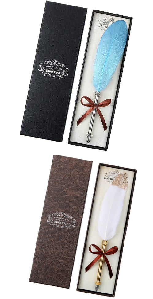 **Elegant Retro Feather Pen Gift Set – Vintage Writing Experience**  

A beautifully crafted **stainless steel feather pen** set in a stylish **gift box**, perfect for writers, calligraphy enthusiasts, and collectors. Timeless design meets smooth writing for an unforgettable experience. Ideal for gifting on any occasion! 🎁✒️