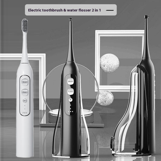 Three-in-one waterproof smart electric toothbrush and oral irrigator in multiple colors (Q1 White, Q1 Black, Q2 White, Q2 Pink), featuring a rechargeable power type, magnetic suspension motor, and over 5 gear settings for customizable cleaning.