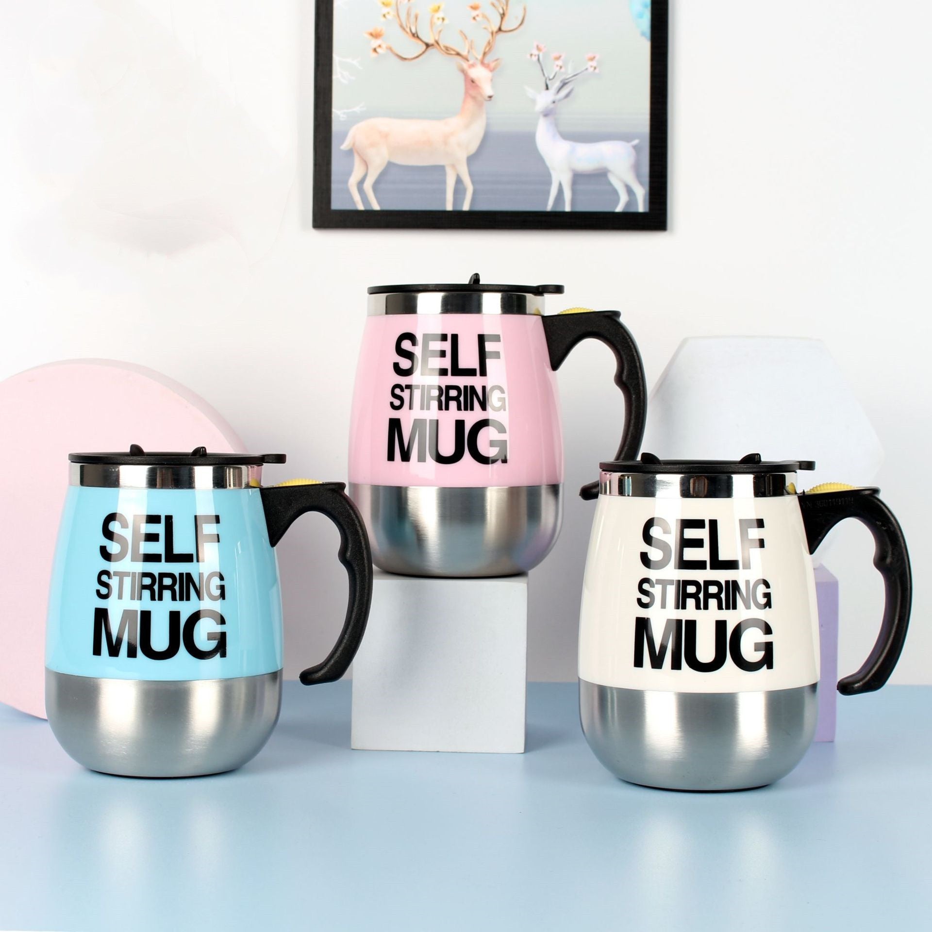 "Electric Self-Stirring Coffee Mug – A convenient, one-touch self-mixing mug with a 401-500ml capacity, available in multiple vibrant colors. Perfect for coffee, tea, and hot chocolate lovers at home or on the go."