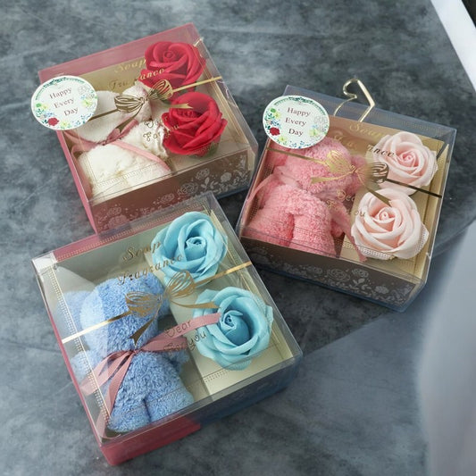 Handmade towel bear in a soap flower gift box, available in red, blue, and pink, perfect for gifting with a charming and fragrant touch