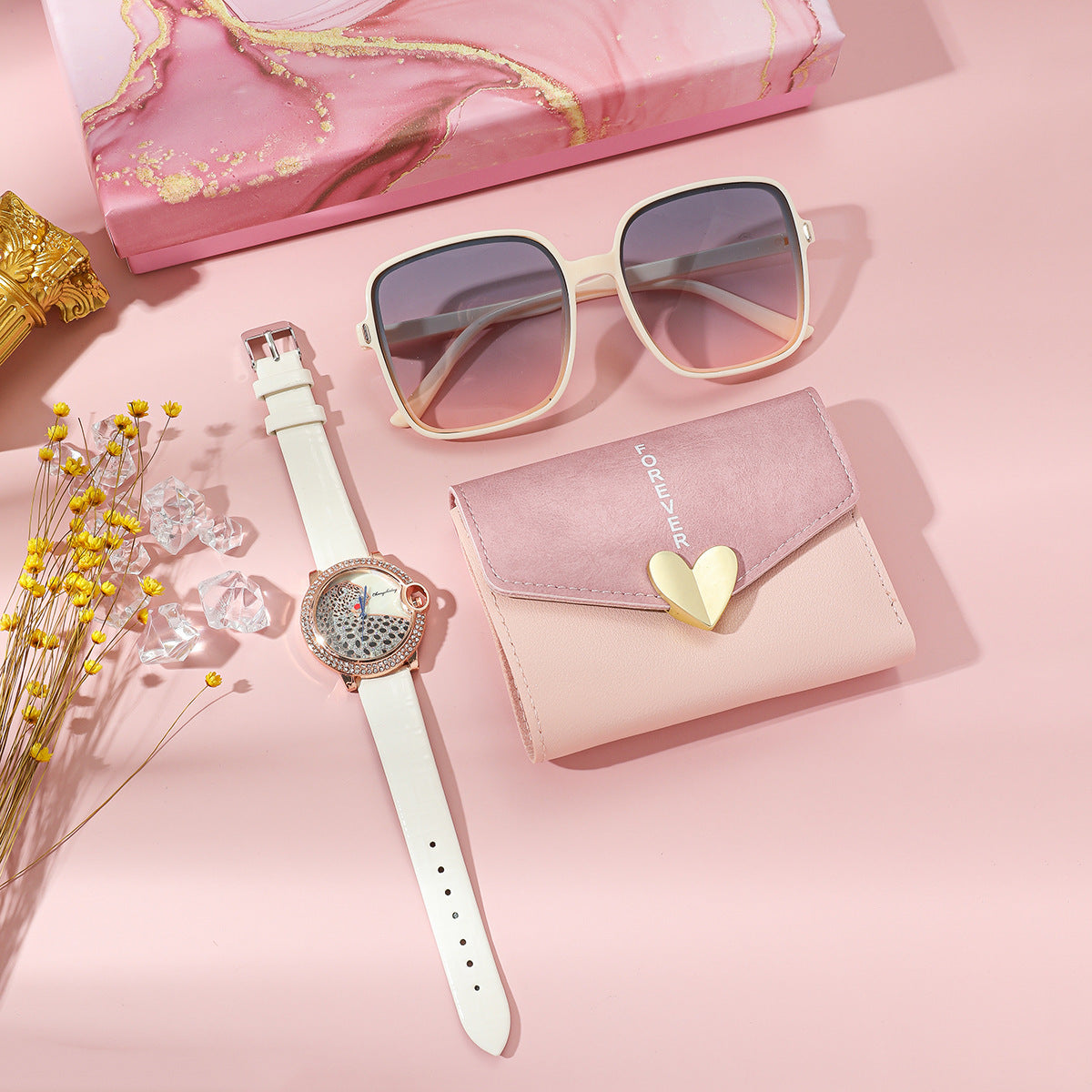 Elegant Women's Watch Business Gift Set featuring a sleek, fashion-forward design. This quartz movement timepiece is adorned with a stylish pointer and number display. The 35mm round dial with a spiral crown ensures precision, while the stainless steel needle buckle offers durability. The set includes a watch, glasses, wallet, and an elegant packaging box, making it a perfect gift choice. Available in square steel belt, pink belt, or white belt styles, this set is designed to impress, ideal for both busines