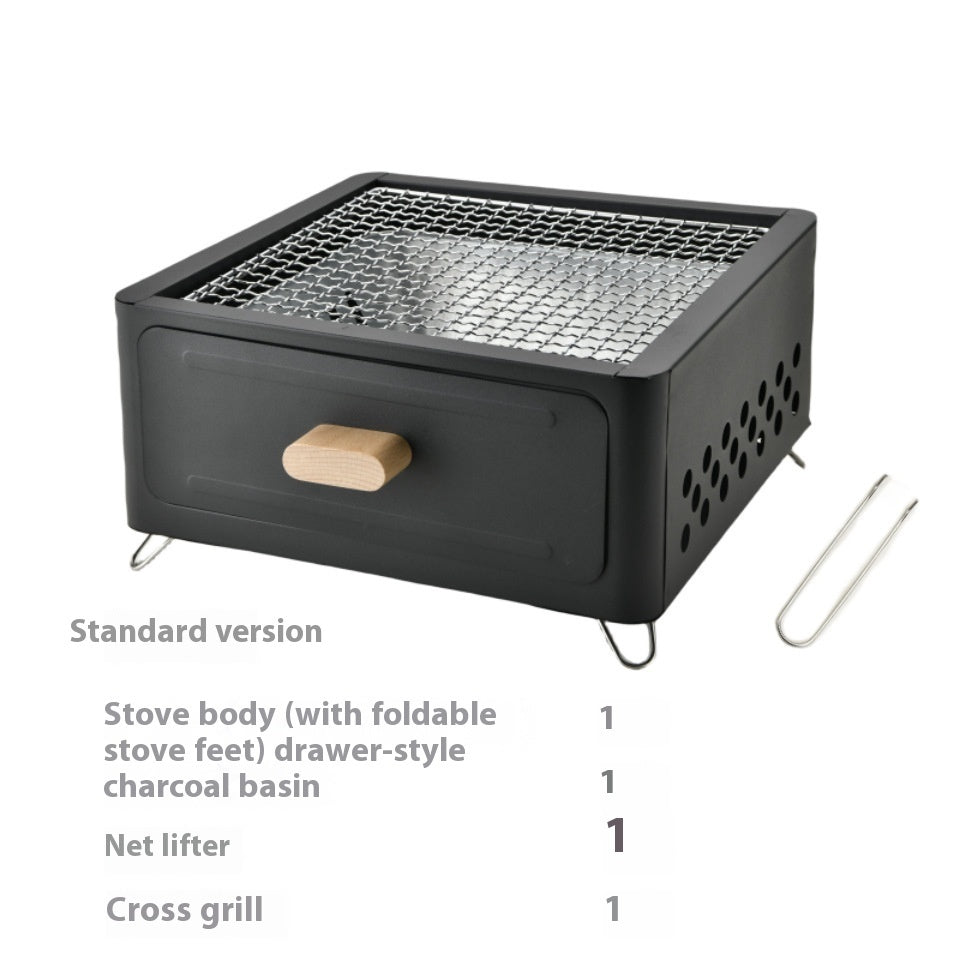 "Square Barbecue Oven-Grill – A white, alloy-constructed grill designed for 3-5 people, featuring a split-type structure, carbon fuel compatibility, and includes a charcoal plate and grill net. Perfect for outdoor gatherings and cookouts."