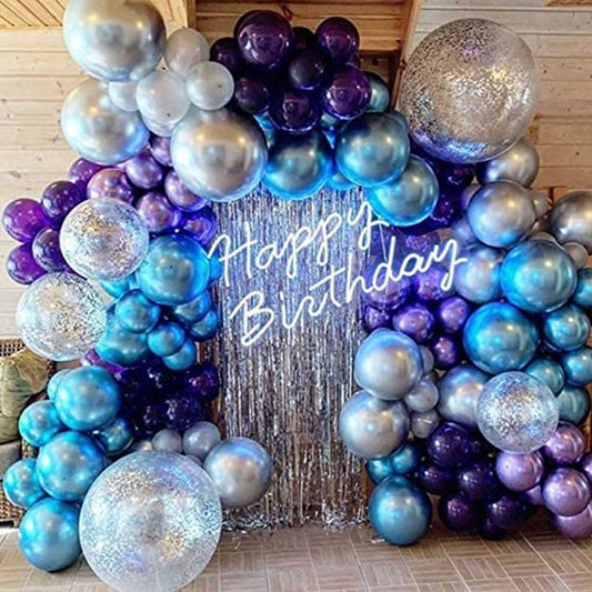 **134 Purple Blue Metal Latex Balloon Chain Set** – Vibrant alien-shaped balloons in purple and blue metallic colors, perfect for party decorations.