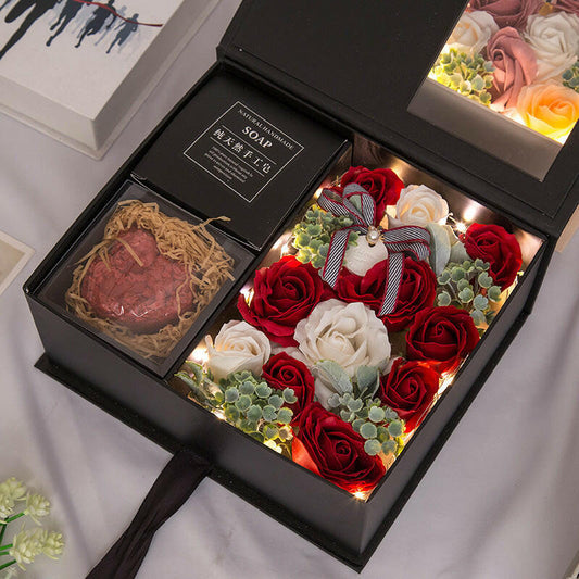 Handmade soap flower rose gift box in elegant packaging, available in various sets including thermos cups, wishing rabbit, and Little Fairy notebooks in different colors.