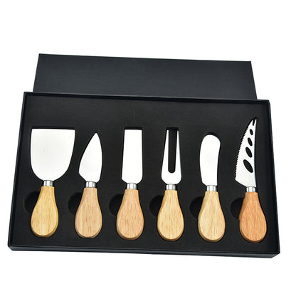 
6-piece stainless steel cheese cutter set with ergonomic handles, designed for slicing different types of cheese. Custom logo printing available, perfect for gifting or personal use.