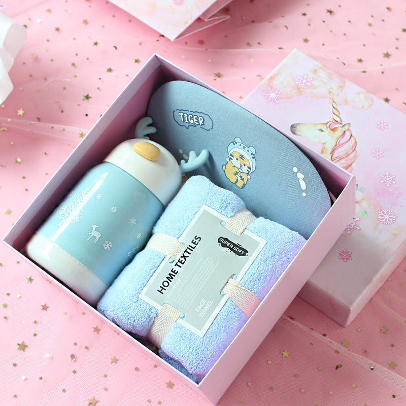 Birthday Cute Gift Set featuring coral fleece towels, matching hair bands, and optional glass cups, umbrellas, or eye masks in various stylish combinations.