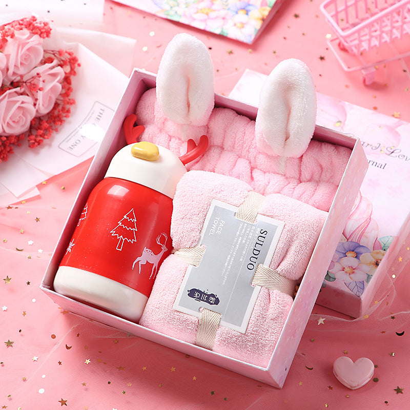 Birthday Cute Gift Set featuring coral fleece towels, matching hair bands, and optional glass cups, umbrellas, or eye masks in various stylish combinations.