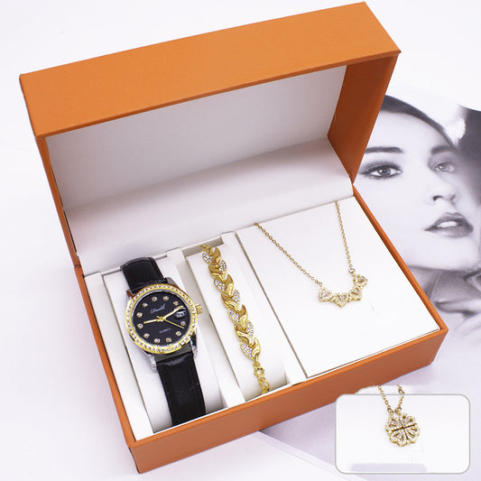 Elegant women's three-piece gift set featuring a luminous quartz watch, a necklace, and a bracelet. The set includes stylish accessories with a horseshoe buckle, alloy case, and imitation leather strap. Perfect for gifting!