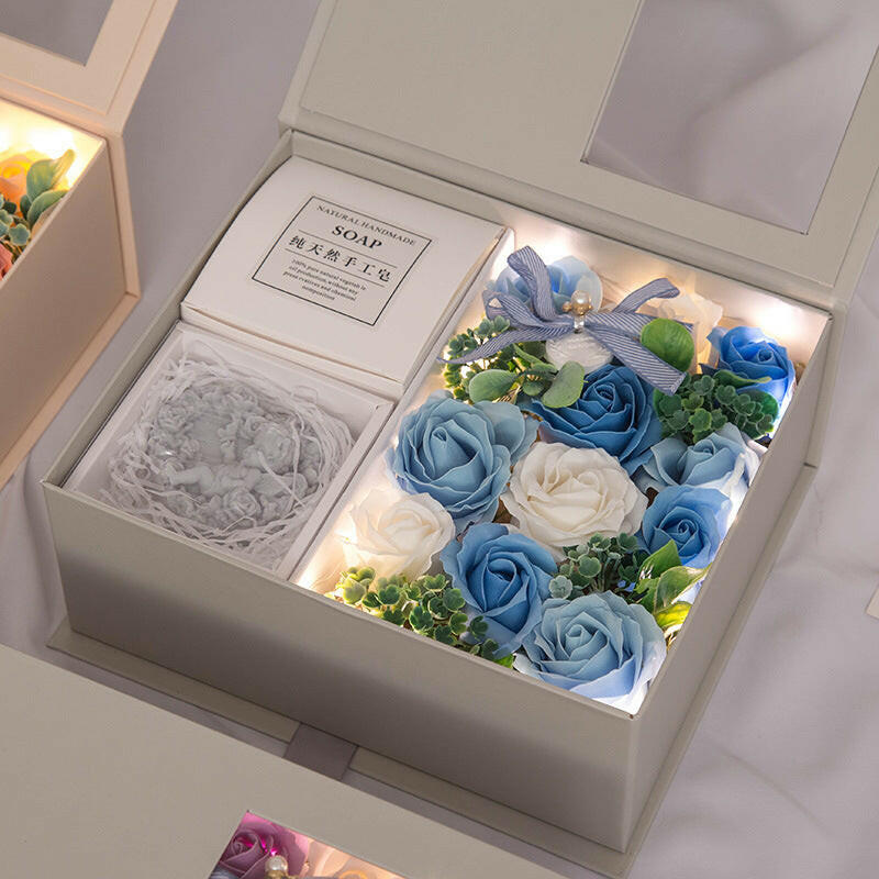 Handmade soap flower rose gift box in elegant packaging, available in various sets including thermos cups, wishing rabbit, and Little Fairy notebooks in different colors.
