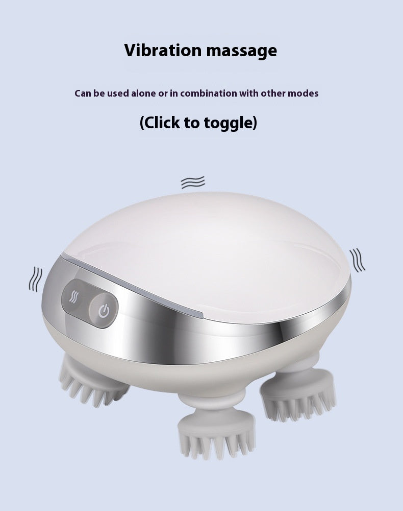 Octopus scalp massage instrument with 4 adjustable gears, USB-powered, available in three models: K113 (no base, no hot compress), K111 (with base and red hot compress), K112 (with base, microcurrent, and red hot compress). Comes with multilingual manuals in Chinese, English, and Japanese.