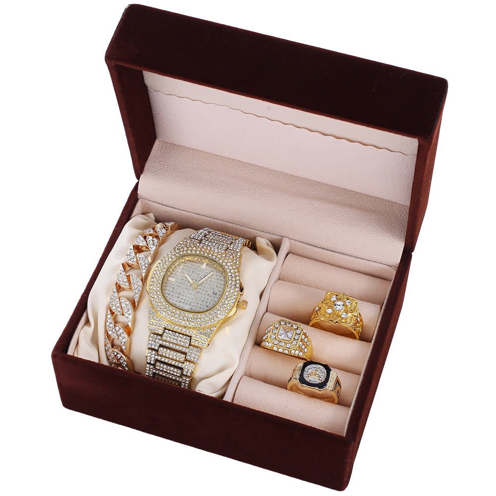 Celebrate the extraordinary man in your life with the Luxury Father's Day Gift Set, a premium collection featuring a diamond-set watch, bracelet, and ring. Designed to make a lasting impression, this sophisticated set exudes elegance, style, and timeless luxury.