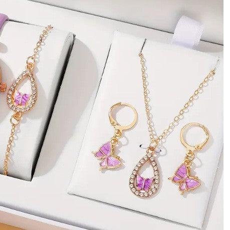 Elegant Butterfly Jewelry Set featuring a necklace, earrings, bracelet, and ring in electroplated alloy, available in red, pink, white, and black.