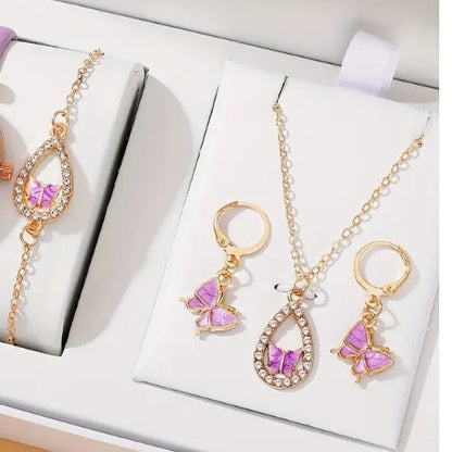 Elegant Butterfly Jewelry Set featuring a necklace, earrings, bracelet, and ring in electroplated alloy, available in red, pink, white, and black.