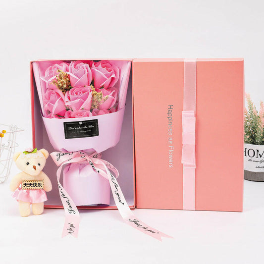 Soap flower bouquet with 9 flowers and 1 bear gift bag, available in red, pink, or blue, perfect for Teacher's Day or special occasions