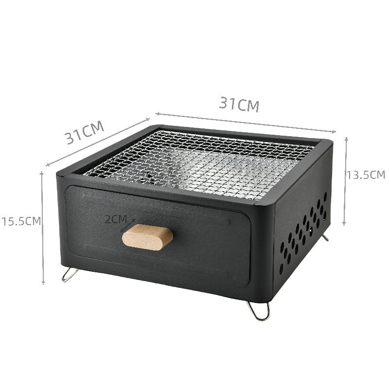 "Square Barbecue Oven-Grill – A white, alloy-constructed grill designed for 3-5 people, featuring a split-type structure, carbon fuel compatibility, and includes a charcoal plate and grill net. Perfect for outdoor gatherings and cookouts."