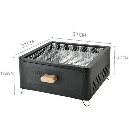 "Square Barbecue Oven-Grill – A white, alloy-constructed grill designed for 3-5 people, featuring a split-type structure, carbon fuel compatibility, and includes a charcoal plate and grill net. Perfect for outdoor gatherings and cookouts."