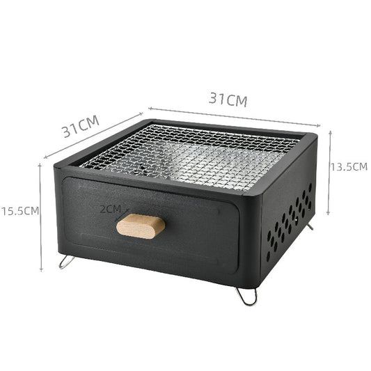"Square Barbecue Oven-Grill – A white, alloy-constructed grill designed for 3-5 people, featuring a split-type structure, carbon fuel compatibility, and includes a charcoal plate and grill net. Perfect for outdoor gatherings and cookouts."