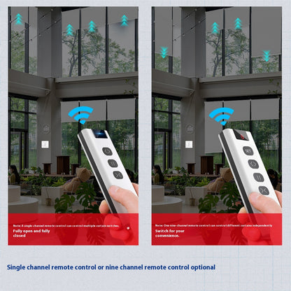 WiFi Smart Curtain with control panel, featuring a waterproof design, timing function, and 2.4GHz RF433 WiFi connectivity. Made with tempered glass and designed for indoor use, it offers smart automation for modern homes.