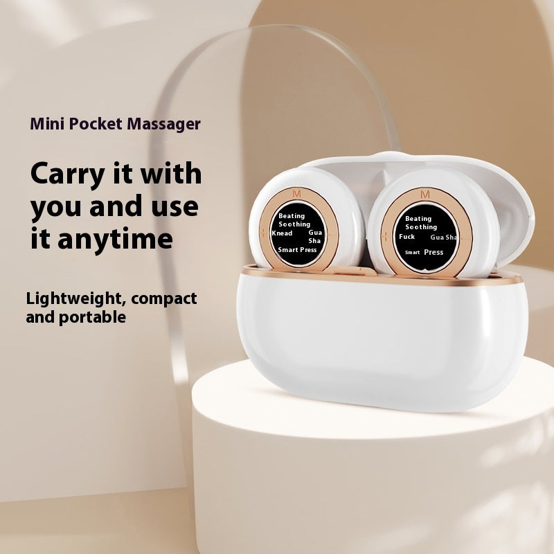 Portable silver USB-powered pocket massage instrument designed for soothing massages, with a compact size for easy travel and a scrub-cleaning method.