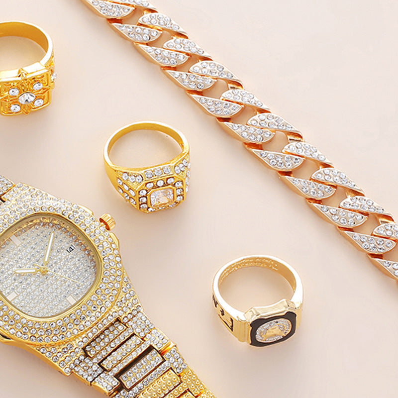 Celebrate the extraordinary man in your life with the Luxury Father's Day Gift Set, a premium collection featuring a diamond-set watch, bracelet, and ring. Designed to make a lasting impression, this sophisticated set exudes elegance, style, and timeless luxury.