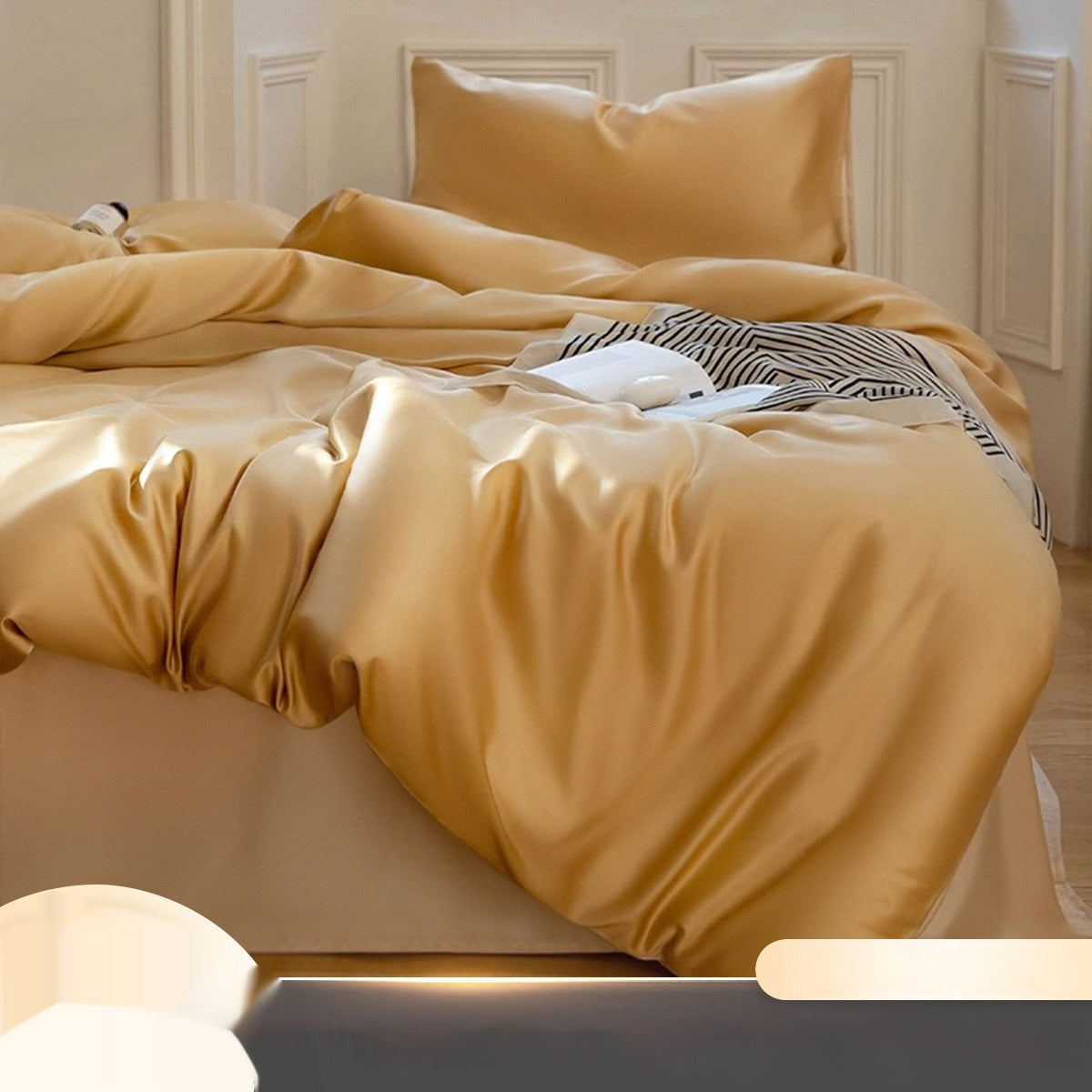 Luxuriously soft Four-Piece Ice Silk Bed Sheets made from breathable Lyocell fiber (Tencel). Features a modern minimalist design, reactive dyeing for long-lasting color, and a silky-smooth texture for year-round comfort. Available in multiple sizes.