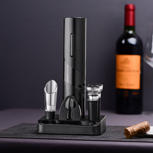 Five-in-One Electric Bottle Opener Set featuring a decanter, paper cutter, pull-out vacuum plug, USB cable, and storage box, all made with durable ABS plastic. A sleek, modern design ideal for various gift-giving occasions.