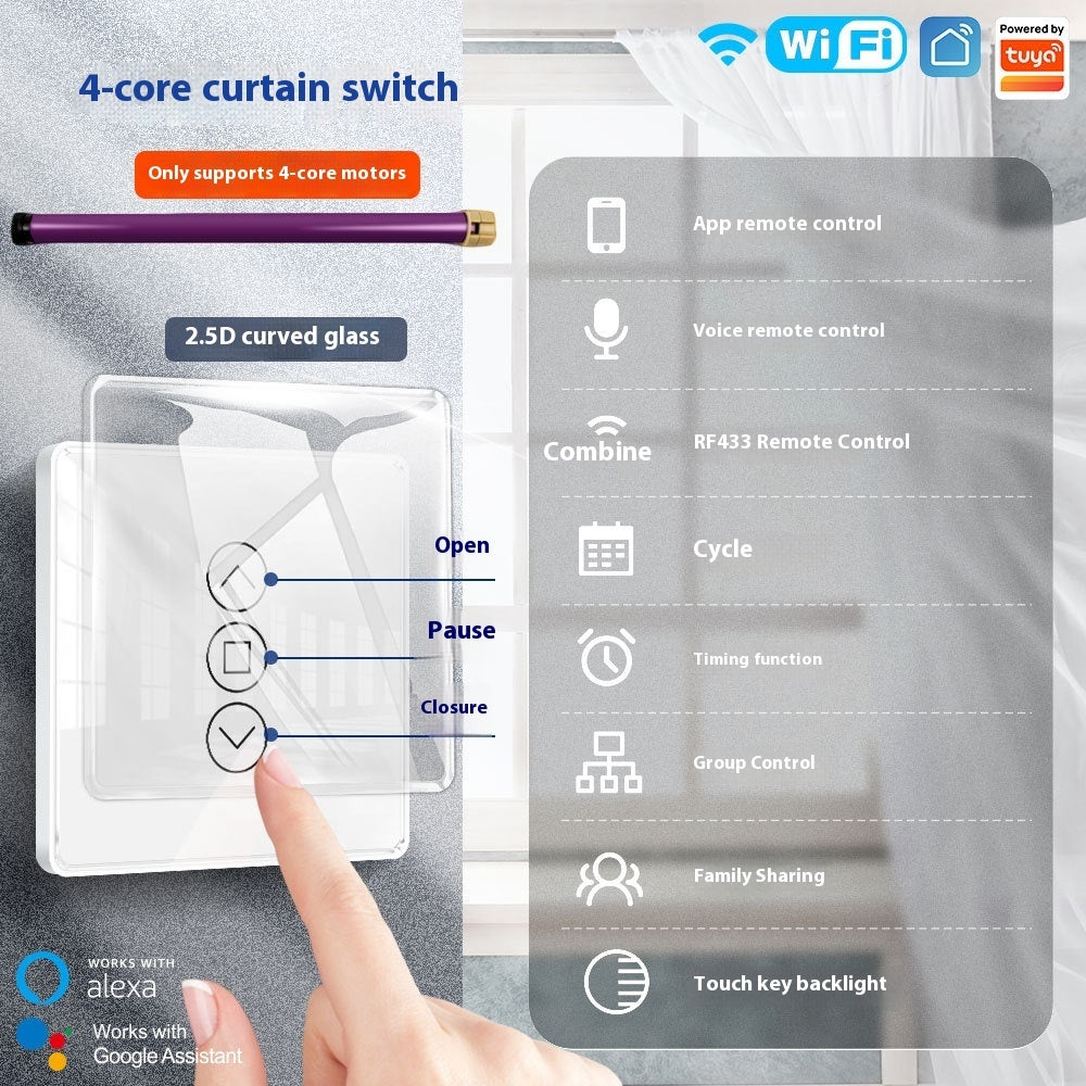 WiFi Smart Curtain with control panel, featuring a waterproof design, timing function, and 2.4GHz RF433 WiFi connectivity. Made with tempered glass and designed for indoor use, it offers smart automation for modern homes.