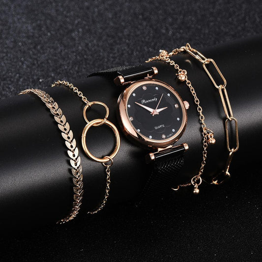 Bracelet and strap watch set featuring a simple, casual, and fashionable design with an alloy strap, magnet buckle clasp, and an elegant matching bracelet.