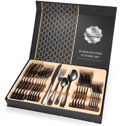 A 24-piece stainless steel cutlery set, made from durable 18/10 stainless steel, eco-friendly, BPA-free, and dishwasher safe. Includes forks, knives, spoons, and teaspoons.
