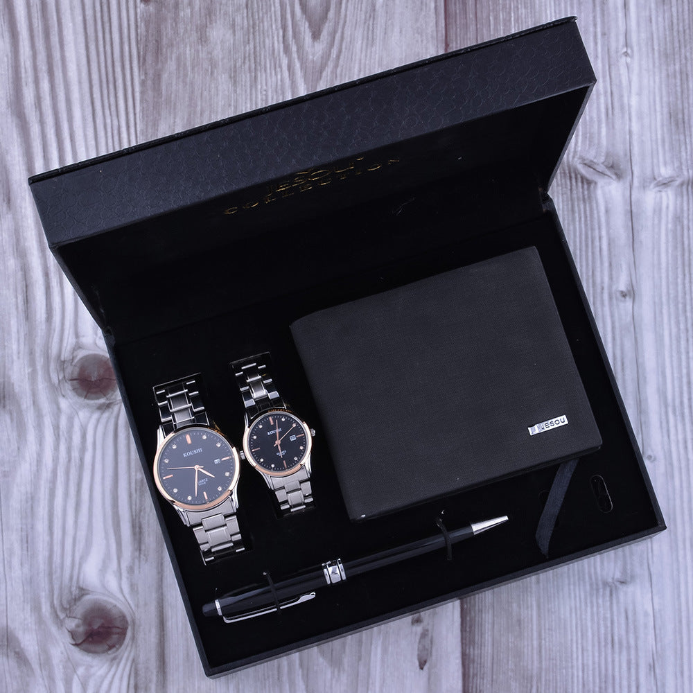 Men's waterproof quartz watch set with a stylish PU strap, stainless steel buckle, and zinc alloy case. Comes in a sleek gift box, available in brown or black.