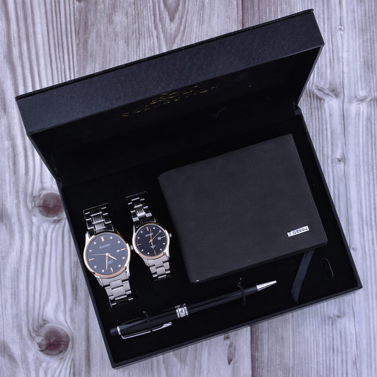 Men's waterproof quartz watch set with a stylish PU strap, stainless steel buckle, and zinc alloy case. Comes in a sleek gift box, available in brown or black.