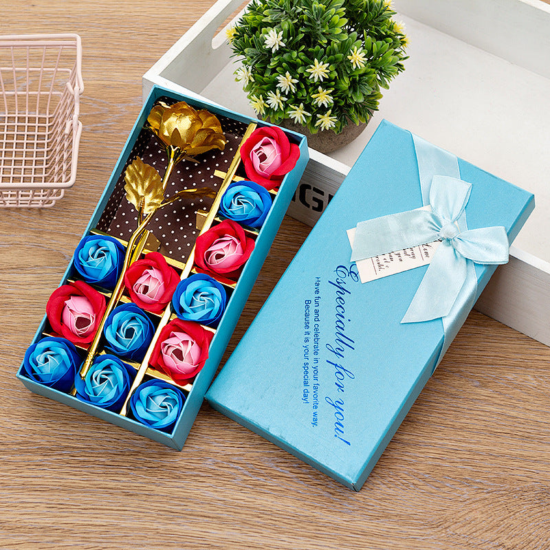 **Rose Soap Flower Gift Box – Elegant & Luxurious 🌹** 12 soap flowers and **gold leaf roses** in a beautifully designed **22.5 x 11.5 x 4 cm** gift box. Ideal for any special occasion. **1 x Gift Box**.