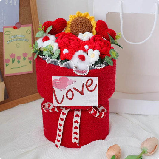 Creative knitted flower bouquet in various colors, perfect for gifting on special occasions like Valentine's Day, Mother's Day, and Teacher's Day, with lasting appeal.