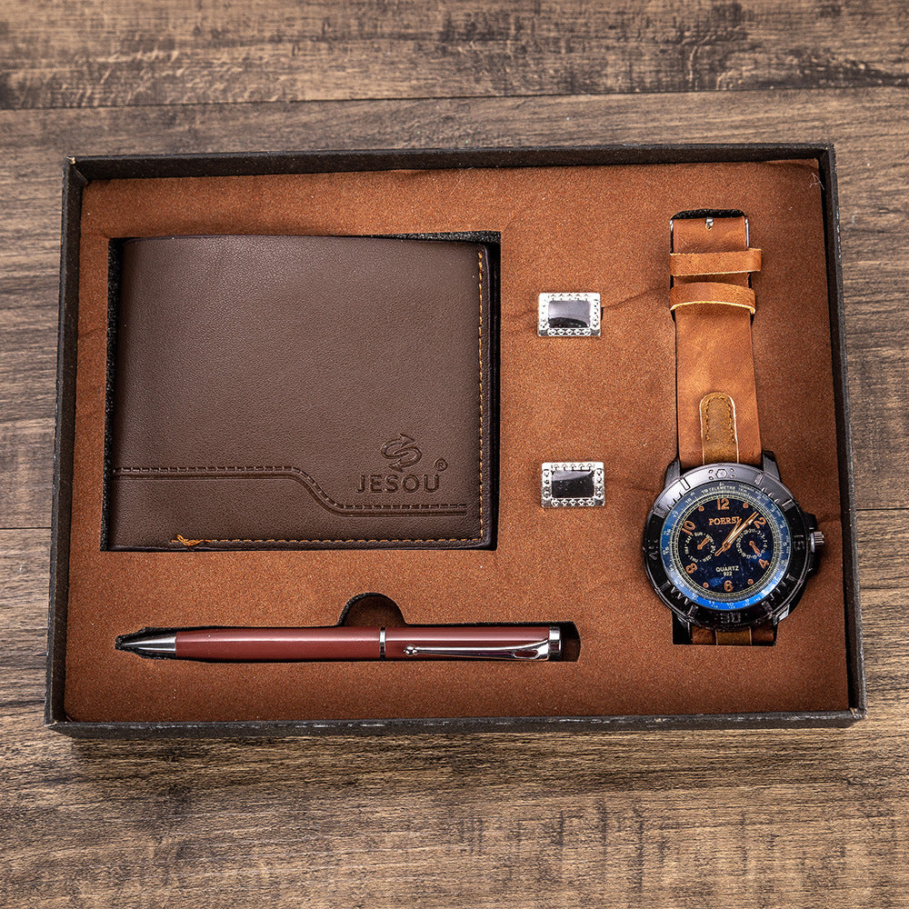 Men's casual watch set with a PU strap, quartz movement, and a stylish alloy case. Featuring a 40mm dial, waterproof up to 10m, and an elegant pin buckle clasp.