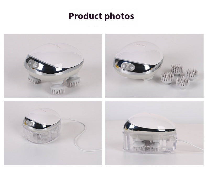 Octopus scalp massage instrument with 4 adjustable gears, USB-powered, available in three models: K113 (no base, no hot compress), K111 (with base and red hot compress), K112 (with base, microcurrent, and red hot compress). Comes with multilingual manuals in Chinese, English, and Japanese.