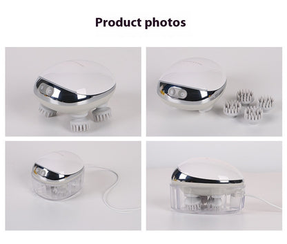 Octopus scalp massage instrument with 4 adjustable gears, USB-powered, available in three models: K113 (no base, no hot compress), K111 (with base and red hot compress), K112 (with base, microcurrent, and red hot compress). Comes with multilingual manuals in Chinese, English, and Japanese.