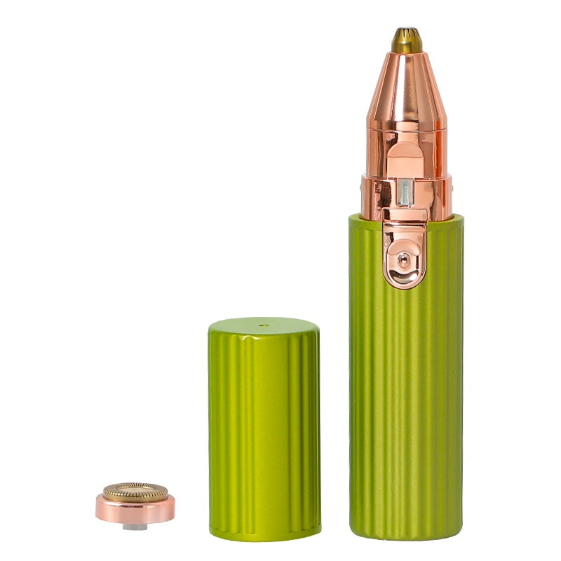 
A 2-in-1 electric eyebrow trimmer and epilator for women, featuring interchangeable heads for painless hair removal on the face, legs, bikini line, and other body areas.