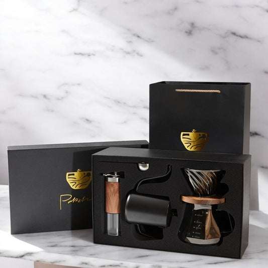 "Pour-Over Coffee Suit Gift Box – A premium coffee brewing set with elegant design and bronzing surface technology. Available in multiple configurations, including 6, 7, 8, and 9-piece sets with luxury packaging. Perfect for coffee lovers, professionals, and gift-giving on any occasion."