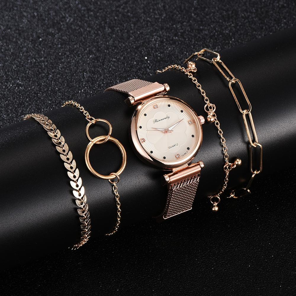 Bracelet and strap watch set featuring a simple, casual, and fashionable design with an alloy strap, magnet buckle clasp, and an elegant matching bracelet.