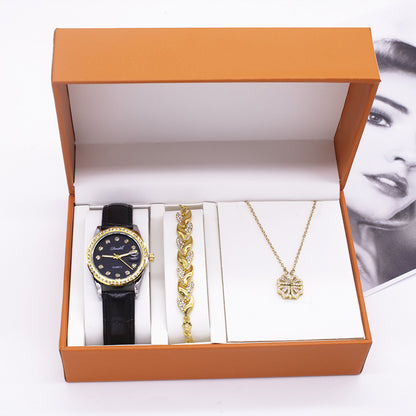 Elegant women's three-piece gift set featuring a luminous quartz watch, a necklace, and a bracelet. The set includes stylish accessories with a horseshoe buckle, alloy case, and imitation leather strap. Perfect for gifting!