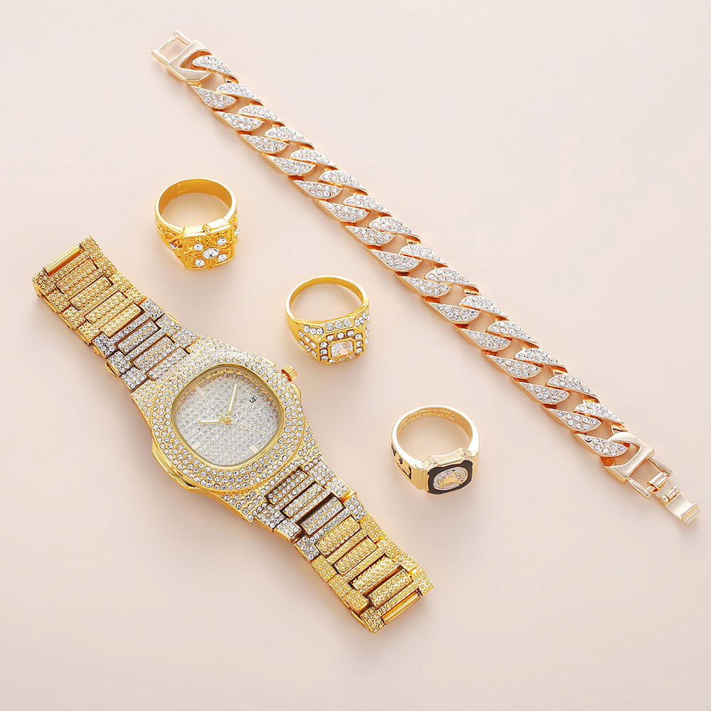 Celebrate the extraordinary man in your life with the Luxury Father's Day Gift Set, a premium collection featuring a diamond-set watch, bracelet, and ring. Designed to make a lasting impression, this sophisticated set exudes elegance, style, and timeless luxury.