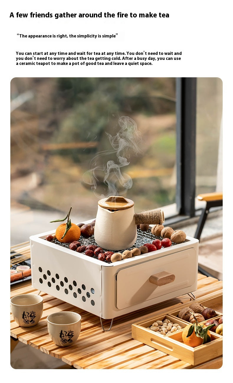"Square Barbecue Oven-Grill – A white, alloy-constructed grill designed for 3-5 people, featuring a split-type structure, carbon fuel compatibility, and includes a charcoal plate and grill net. Perfect for outdoor gatherings and cookouts."
