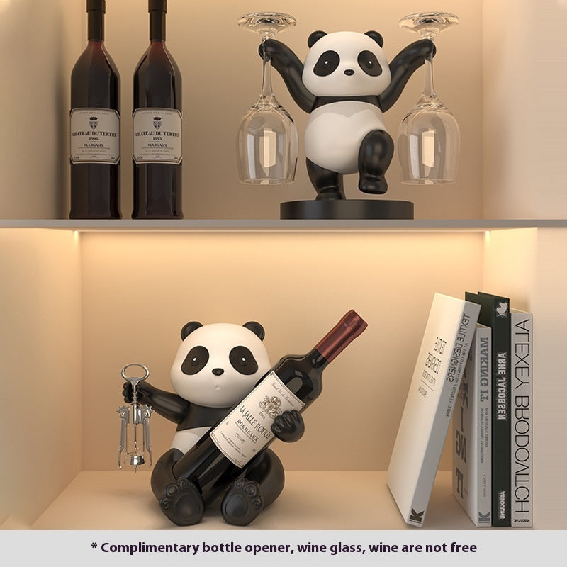 "Panda Wine Decoration – A handmade synthetic resin wine rack featuring whimsical panda designs, including bamboo panda, fortune panda, and treasure hunting panda. A fun and functional addition to your home decor, perfect for wine lovers and unique gift-giving occasions."