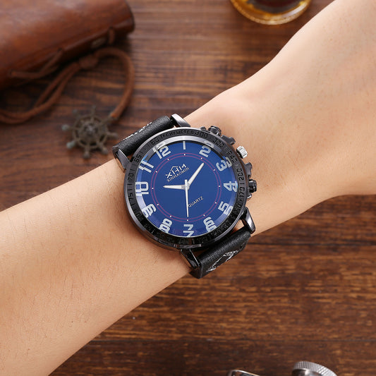A men's fashion boutique gift set including a stylish quartz watch, belt, key chain, and glasses in a sleek packaging. Ideal for a modern, casual look.