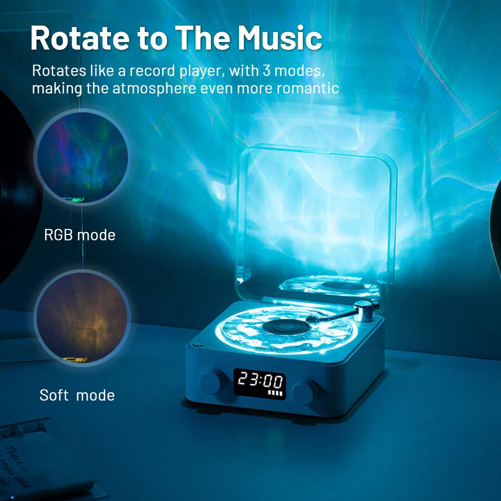 **Retro Turntable Bluetooth Speaker – Vintage Style, Modern Sound 🎶** A portable Bluetooth speaker (142x153x67mm) with a retro design, offering 4 soothing nature sounds like ocean waves and birds. Features 360° surround sound, multiple playback options (Bluetooth, AUX, TF card), and a beautiful breathing light with a transparent turntable. Perfect for parties, relaxation, or enhancing your bedroom ambiance. Available in **blue** and **green**. 🎵