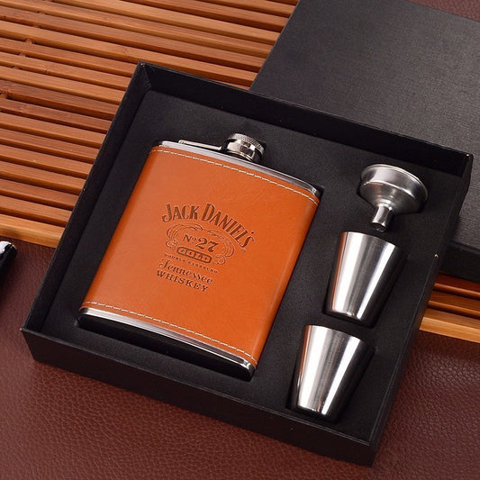Stainless Steel Bottle Set with a 7oz bottle, funnel, two cups, and a gift box. Elegant and durable design, perfect for gifting or personal use.