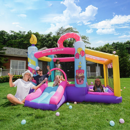 Inflatable castle for kids, made of durable PVC fabric with dimensions 270x290x220cm. Includes a 350W fan for easy setup and deflation. Ideal for household amusement.