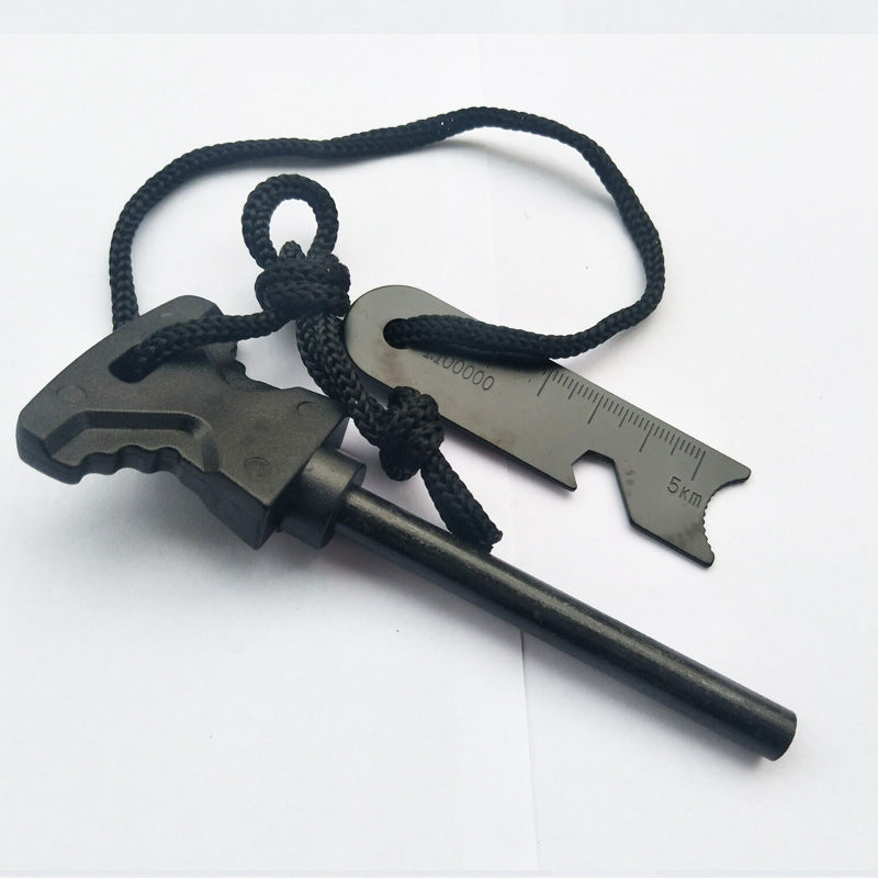 A compact survival tool set with various essential tools for emergencies, including a flashlight, multi-function knife card, whistle, defense pen, compass, survival blanket, and more, all neatly packed in a portable carrying case. Perfect for outdoor adventures and disaster preparedness.